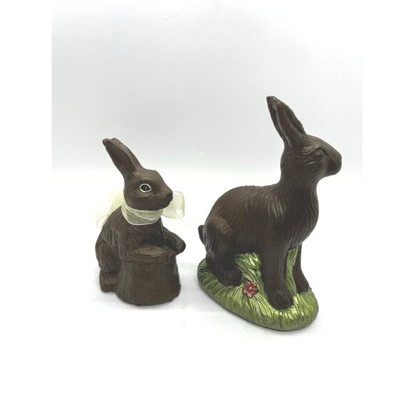 Chocolate Faux Easter Bunny Rabbits Resin Figures Spring Yellow Bow 2 Pair - Picture 2 of 7